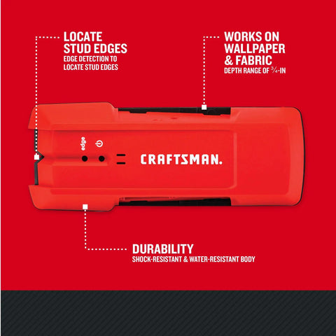 Three Quarters Inch Depth Stud Finder For Wood And Metal Studs, Locates Edges Through Drywall Wallpaper And Fabric, Craftsman brand.
