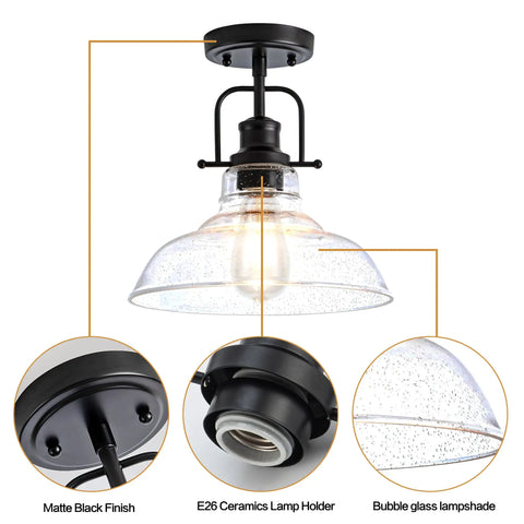 Farmhouse Flush Mount Ceiling Light With Aged Black Metal Frame And Seeded Glass Shade For A Cozy Rustic Vibe, E26 Base Bulb Not Included.