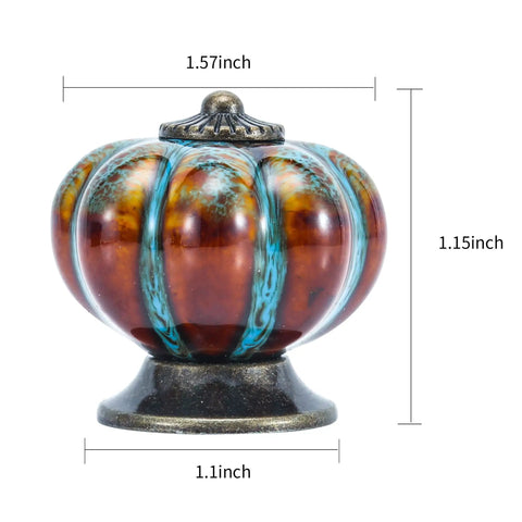 Durable Blue Pumpkin Cabinet Knobs 12 Pack Glazed Ceramic Vintage Door Pulls in blue and brown, 1.57 inch size.