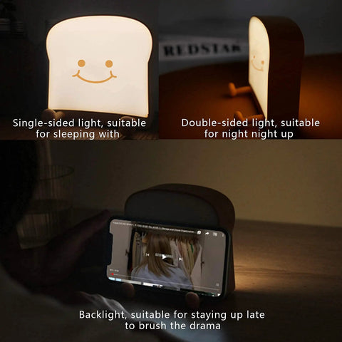 Toast Shaped Night Light with Cute Smile Face featuring single and double-sided LED lighting, used as phone holder.