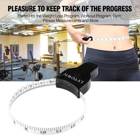 Two Pack 60 Inch Body Measuring Tape Retractable For Body Measurements And Fitness showing measurement on waist in gym setting