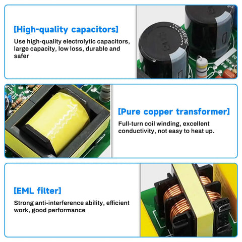Close-up of Bulletproof Din Rail Power Supply components including capacitors, copper transformer, and EML filter for reliable performance.