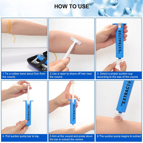 Instructions for using Snake Bite And Bee Sting First Aid Kit With Venom Extractor Suction Pump for wound extraction.