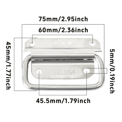 Built Tough 304 Stainless Steel Foldable Pull Handles, Top Shelf Ring Grip For Toolboxes, dimensions labeled, silver 4 pack.