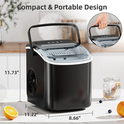 Portable Countertop Ice Maker With Carry Handle For Home Office And Parties, Produces About 26 Lbs Of Ice Per Day, black model with handle