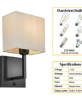 Hardwired Modern White Fabric Wall Sconce Dual Switch On Off Indoor Lighting with specs and bulb types.