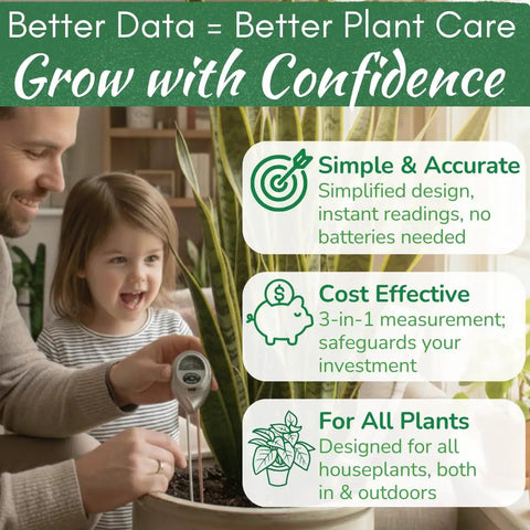 Father and child using 3 In 1 Plant Care Meter For Indoor And Outdoor Plants Tests Soil Moisture Sunlight And pH Battery Free