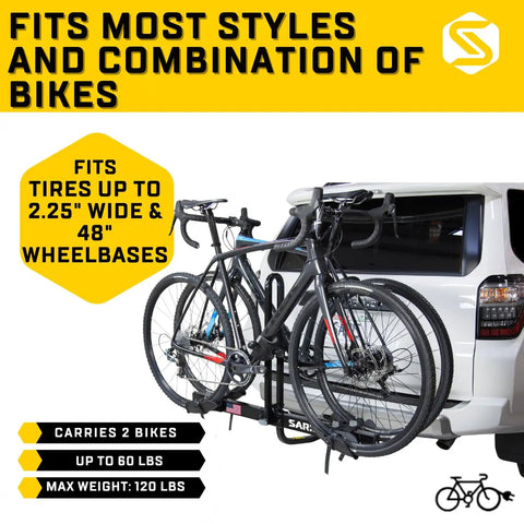 Heavy Duty 4 Bike Hitch Rack For 2 Inch Receiver, mounted on vehicle with two road bikes secured using ratcheting straps