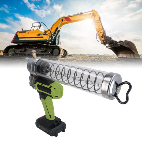 Cordless Electric Grease Gun With 12000 PSI High Pressure, transparent barrel, green grip, industrial excavator in background