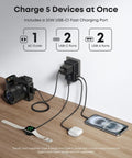 Nano Travel Adapter 5 Port World Travel Charger With 1 AC Outlet 2 USB A 2 USB C 20W Total Output Smart Temperature Control works with devices.