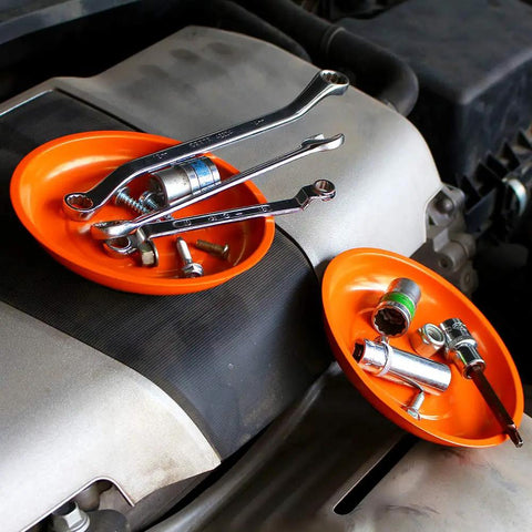 Magnetic Parts Tray Set With Two Magnetic Bowls And Telescopic Magnetic Pick Up Tool for easy garage organizing of nuts and bolts