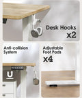Electric Standing Desk With Splice Board, 63X24 Inch Height Adjustable Sit Stand Computer Table For Home Office features desk hooks, anti-collision system, and adjustable foot pads.