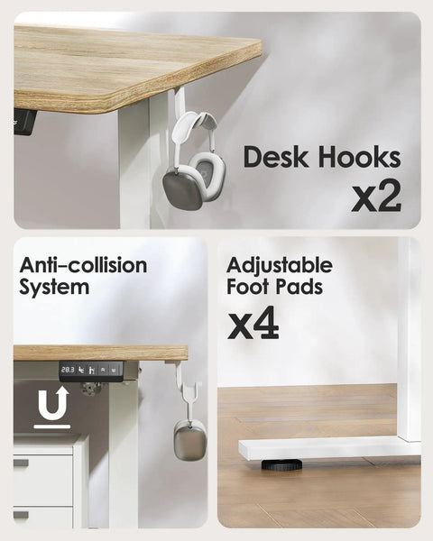 Electric Standing Desk With Splice Board, 63X24 Inch Height Adjustable Sit Stand Computer Table For Home Office features desk hooks, anti-collision system, and adjustable foot pads.