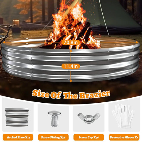 Big 6 Foot Metal Fire Pit Ring For Outdoor Pits Bonfire Ring 0.7 Millimeter Thick And 1 Foot High Heavy Duty Silver Steel