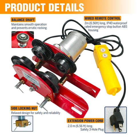 Electric Trolley With 1100 Lb Load Capacity, wired remote, side locking nut, and 2m power cord for PA hoists in overhead use.