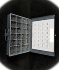Open kit of Go-To Pan Head Sheet Metal Screw Set In 18-8 Stainless Steel, multi-compartment organizer with labeled sizes.