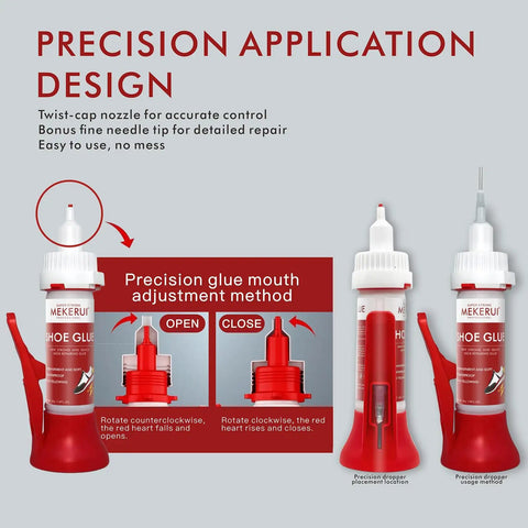 Thirty Second Rapid Shoe Glue For All Footwear Waterproof Clear Adhesive That Bonds Sneaks Boots Heels Leather Shoes In Seconds With Precision Nozzle And Needle Tip For Heavy Duty Repairs, precision application design with open-close instructions for twist-cap nozzle visible.