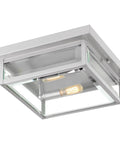 Westover Outdoor Exterior Flush Mount Ceiling Light With Clear Beveled Glass, Modern Industrial Stainless Steel Fixture, 2 Light 80 Total Watts, Weatherproof Porch Patio Lighting showing geometric design and glass detail