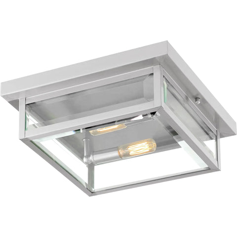 Westover Outdoor Exterior Flush Mount Ceiling Light With Clear Beveled Glass, Modern Industrial Stainless Steel Fixture, 2 Light 80 Total Watts, Weatherproof Porch Patio Lighting showing geometric design and glass detail