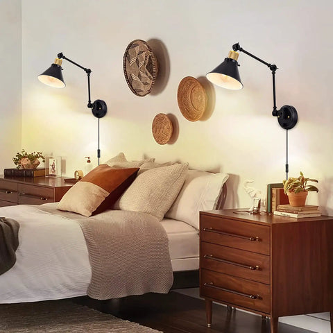 Slick Plug In Wall Sconce With Hella Smooth Dimmer Control And Flexible Swing Arm Featuring E26 Socket Ul Certified in bedroom setting.