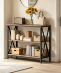 Game Changer Three Tier Industrial Console Table With Real Deal Storage Shelves Narrow Sofa Table For Entryway Foyer Living Room Decor Built Tough Rustic Brown Wood And Black Metal Frame with sunflowers and decor.