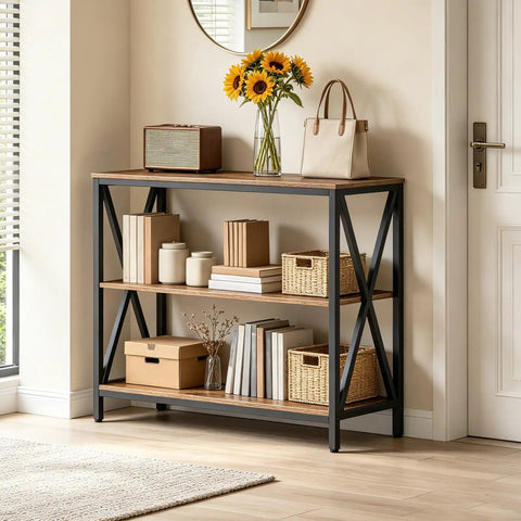 Game Changer Three Tier Industrial Console Table With Real Deal Storage Shelves Narrow Sofa Table For Entryway Foyer Living Room Decor Built Tough Rustic Brown Wood And Black Metal Frame with sunflowers and decor.