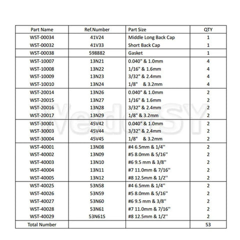 Table of parts for Gas Lens Collet Body Kit For TIG Torches Fits SR WP9 WP20 WP25 53 Piece Consumables Set.