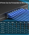 Beefy Unmanaged 18-Port 2.5G Switch with Dual 10GBASE-T Ports connected with blue cables, network speed chart visible.