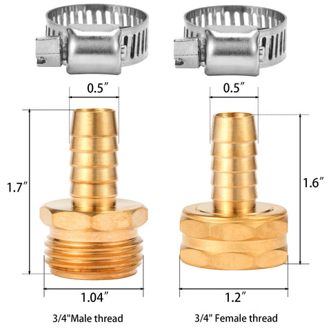 Brass Garden Hose Connector Repair Kit with Stainless Clamp fits one half inch water hose fitting barb to three quarter inch GHT