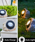 Rock Solar Garden Lights With Hella Bright LEDs on stone steps and grass, showing auto charge and lighting for pathways and yards.