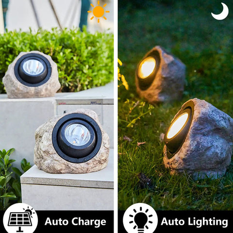 Rock Solar Garden Lights With Hella Bright LEDs on stone steps and grass, showing auto charge and lighting for pathways and yards.
