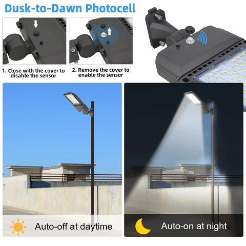 Crazy Bright 300W LED Parking Lot Light With Adjustable Arm Mount 39000 Lumens 5000K Shoebox Style showing night sensor feature