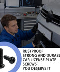 Rock Solid M6 1.0 X 16mm Stainless Steel License Plate Screws, 8 Piece Pan Head Auto Car Bolts Kit in use during installation.