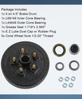 JDMSPEED trailer brake hub drum 10x2-1/4 kit with bearings, seal, EZ Lube dust cap, and five 1/2-20 lug nuts
