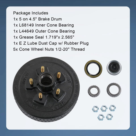 JDMSPEED trailer brake hub drum 10x2-1/4 kit with bearings, seal, EZ Lube dust cap, and five 1/2-20 lug nuts