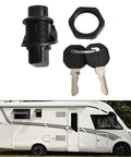 Black 27mm Push Fit Latch For RV And Marine Storage Boxes With Keys Metal Camper Cabinet Door Replacement Kit over parked RV