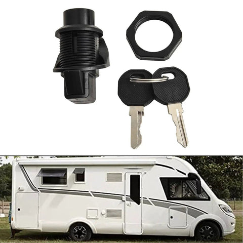 Black 27mm Push Fit Latch For RV And Marine Storage Boxes With Keys Metal Camper Cabinet Door Replacement Kit over parked RV