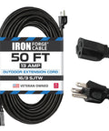 Black 50 Ft Outdoor Extension Cord 16 Gauge 3 Conductor Workhorse Quality showing coiled design and prong details