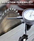 Pro Grade Dial Indicator With Magnetic Base For Shop Use Handy For Woodworking Lathe Table Saw And Workshop Tasks 0 To 1 Inch Range 0.01 Inch Accuracy showing precise measurement against a table saw.