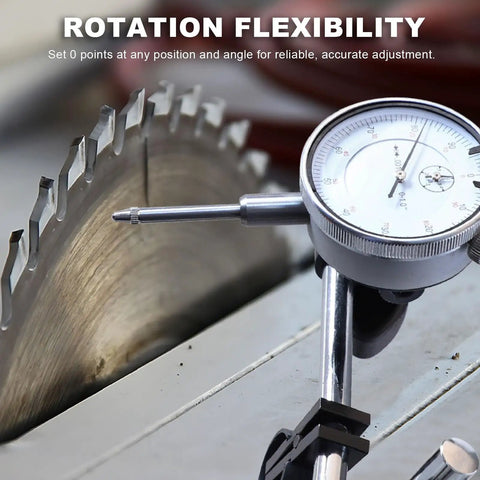 Pro Grade Dial Indicator With Magnetic Base For Shop Use Handy For Woodworking Lathe Table Saw And Workshop Tasks 0 To 1 Inch Range 0.01 Inch Accuracy showing precise measurement against a table saw.