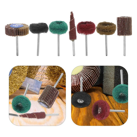 Dual Layer Abrasive Flap Wheels 50 Piece Drill Sander Attachment for Steel Ceramics and Glass displayed on wood surface