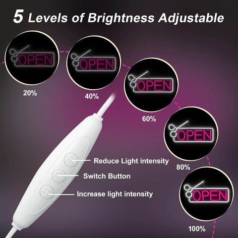 5 brightness levels of Pink Hair Salon Neon Light Open Sign LED Barbershop Sign USB Powered, with dimmer switch shown.