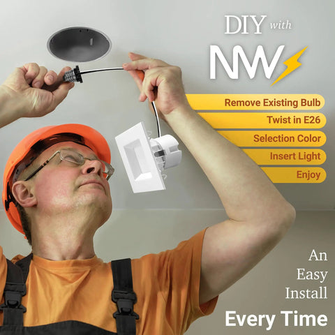 Man installing 4 Pack 4 Inch Square LED Recessed Retrofit Lights With 5 CCTs 2700K 3000K 3500K 4000K 5000K 750 Lumens 11W Dimmable