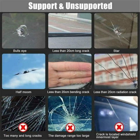 Image showing different windshield crack types such as bulls eye, star, and long cracks for Windshield Crack Repair Kit guidance.