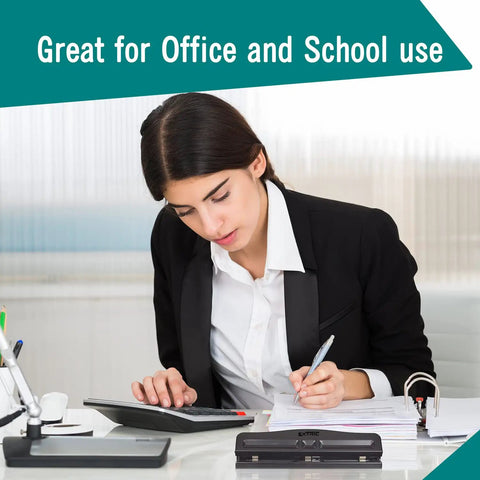Woman using Workhorse 3 Hole Punch For Binders Heavy Duty Metal Hole Puncher With 10 Sheet Capacity in office setting.