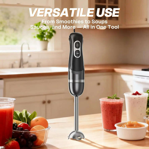Game Changer Corded Immersion Blender Powered By 400 Watt Copper Motor With Two Adjustable Speeds For Buttery Smooth Soups Quick Gravies And Tender Baby Purees Bpa Free on kitchen counter with smoothies and soups.