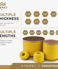 Yellow One Quarter Inch By 600 Feet Twisted Polypropylene Rope 3 Strand Pro Grade Heavy Duty Yet Lightweight 1125 Lbs Tensile Strength Ideal For DIY Projects Marine Use Camping Towing And General Commercial Applications with multiple thickness and length options displayed.