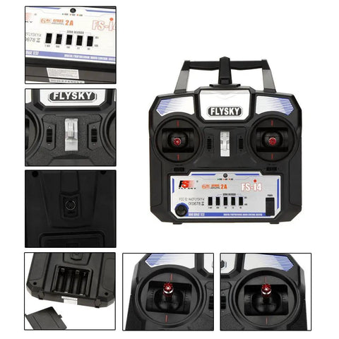 Rock Solid 2.4GHz AFHDS 2A 4CH RC Transmitter For Helicopters And Gliders With FS A6 Receiver in black, front view with controls