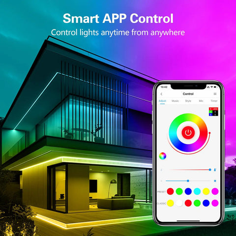 App-controlled LED lights on modern house exterior, illustrating 50 Feet LED Strip Lights With App Control And Remote, Music Sync RGB Color Changing LED Strips For Bedroom, Voice Control With Alexa And Google Assistant, Easy Install No Hub Required Create A Chill Vibe In Any Room.