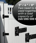 5 Inch Heavy Duty Gate Hinges 260 Lbs Capacity Black 4 Pack installed on white fence, visible screws, outdoor setting